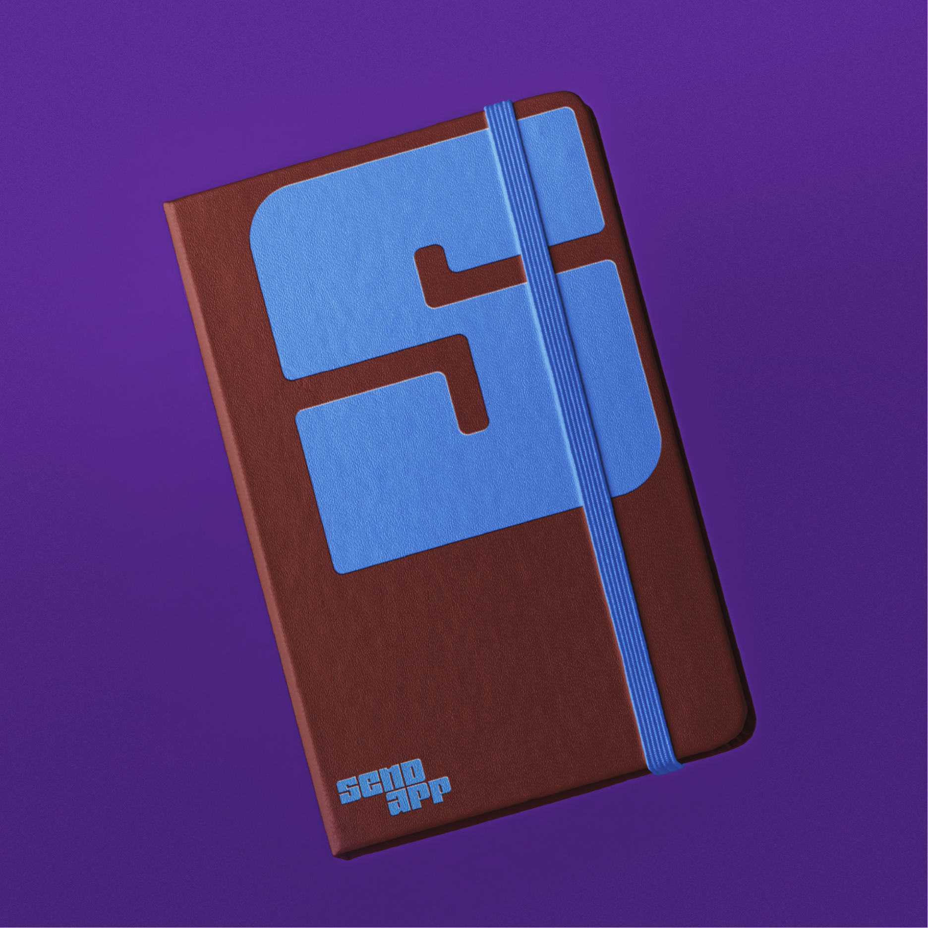 Send App brand identity - brown leather notebook mockup with elastic band on purple background featuring graphic monogram logo