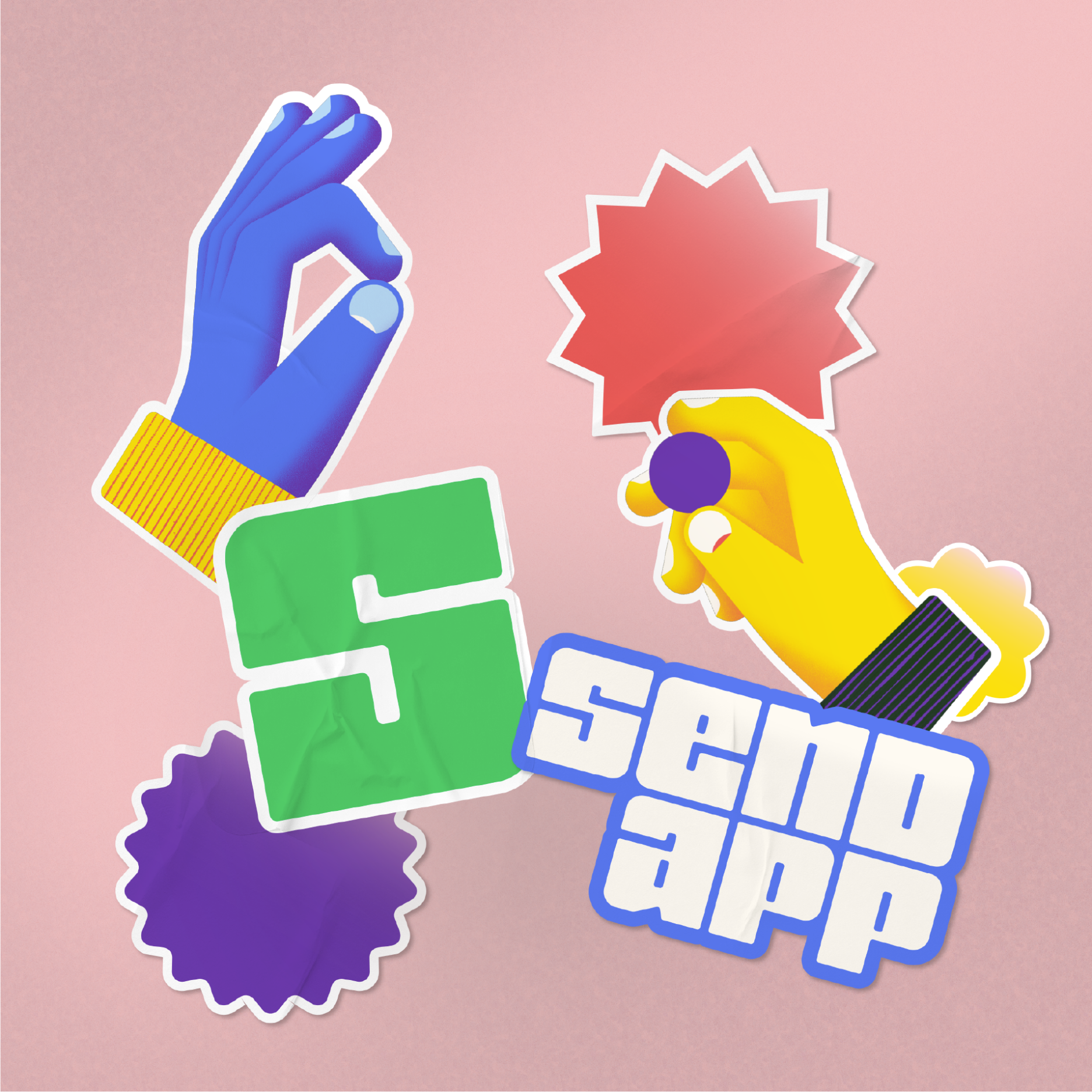Send App visual identity - custom sticker pack collage mockup on pink background