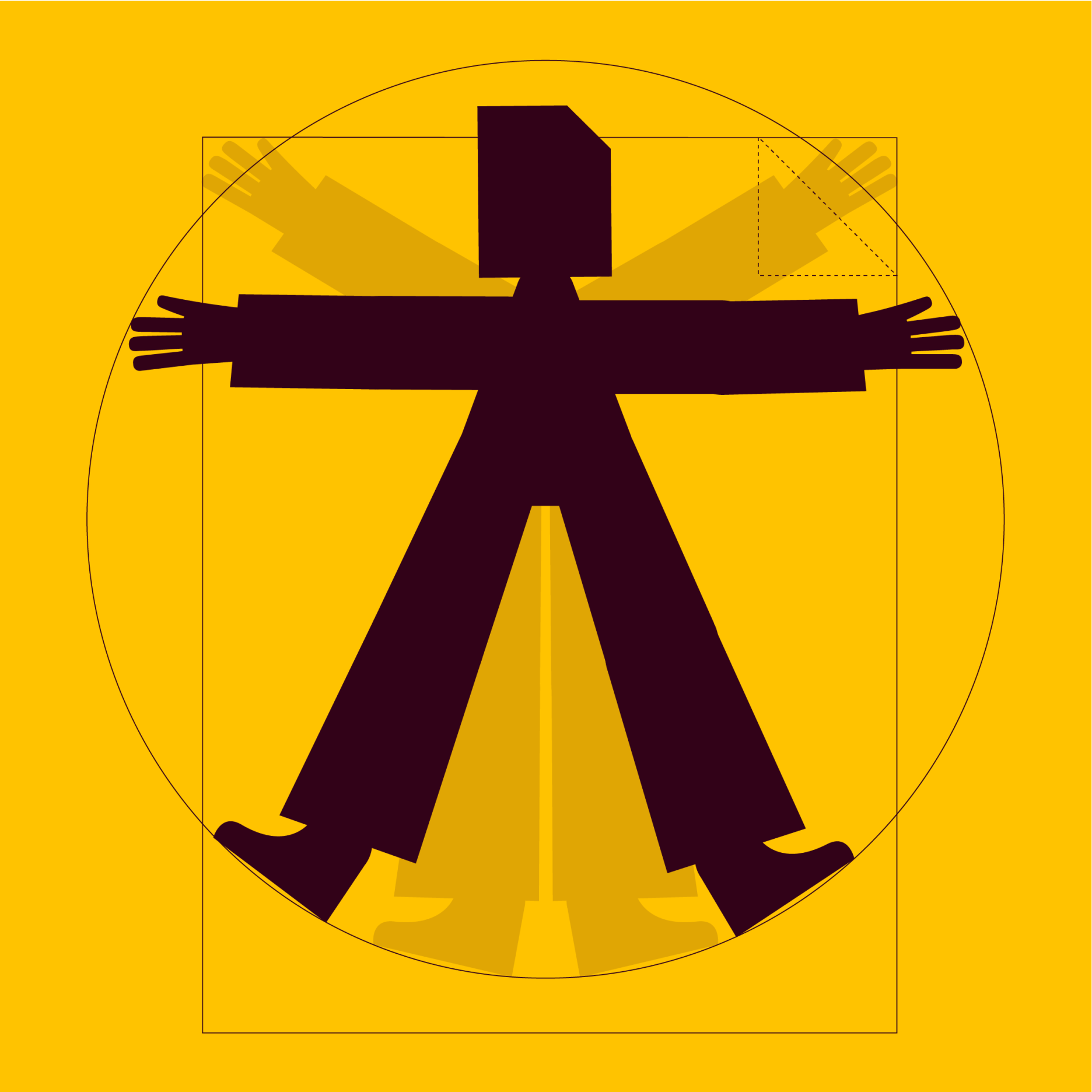 Stylized Vitruvian Man illustration using Caya's geometric document logo on a bright yellow background
