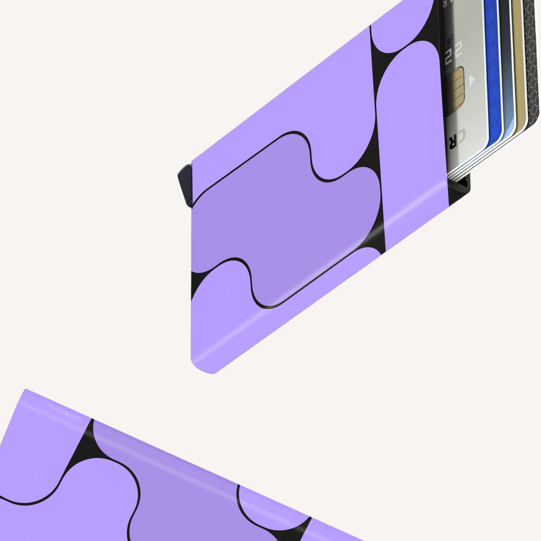 Product mockup of an ECommpay-branded metal cardholder wallet with an abstract purple organic pattern, holding several fanned-out bank cards, on a cream background.