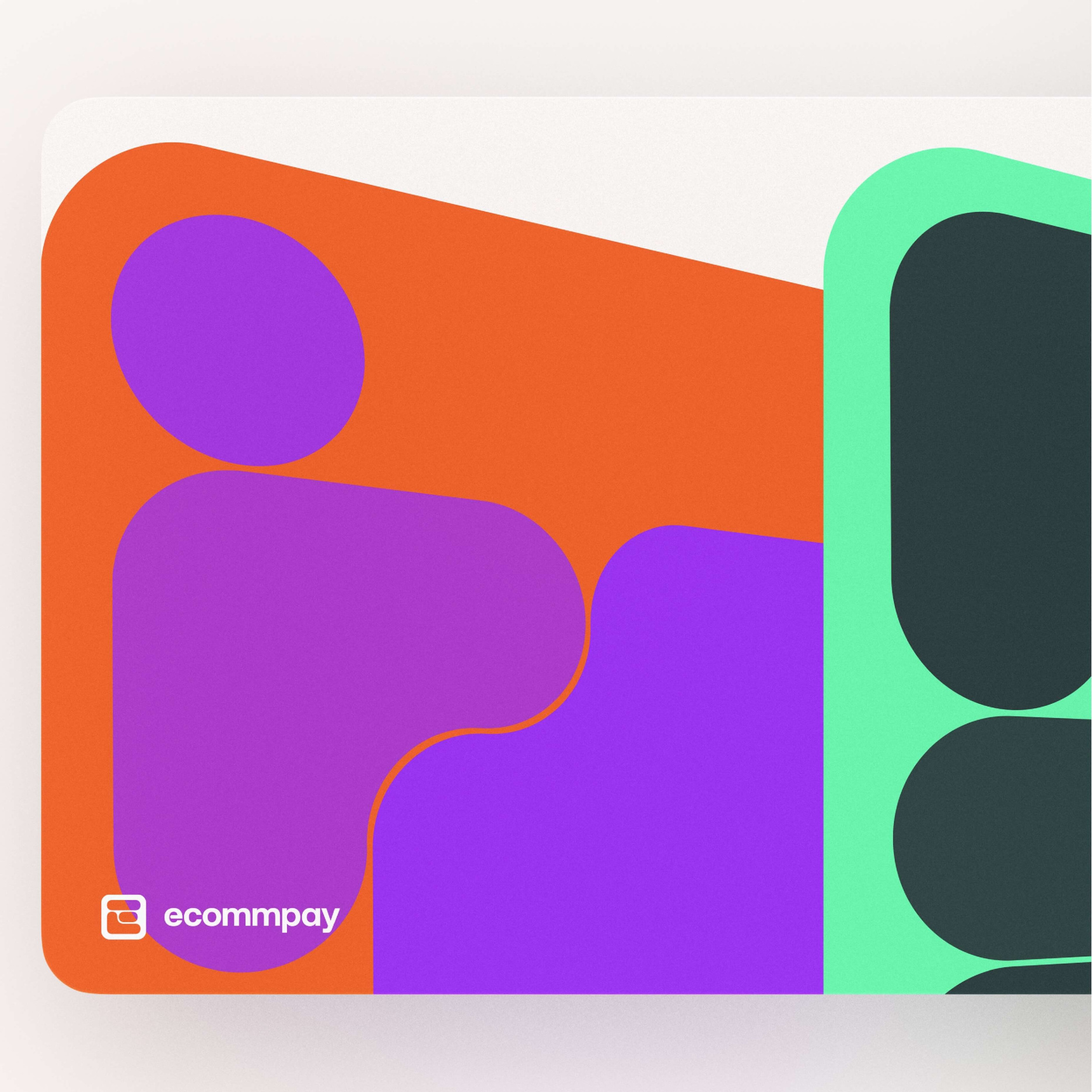 Abstract ECommpay graphic of rounded organic shapes in orange, purple, mint green, and grey, with the white ecommpay logo in the corner.