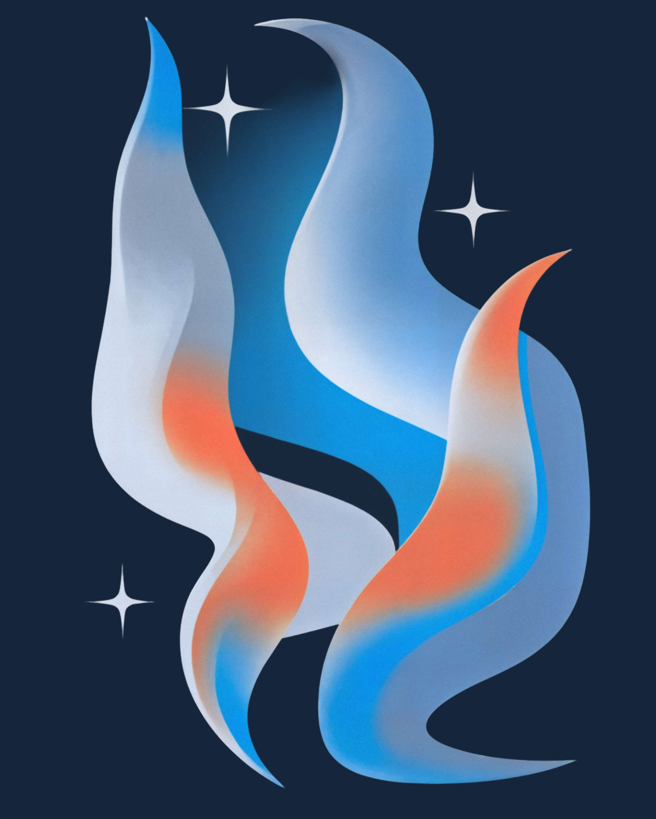 Abstract blue and orange organic flame graphic with star accents for Verve Agency AI branding article
